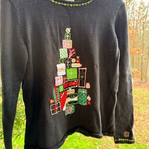 Vintage 89s Black Holiday Sweater with Festive Tree Design